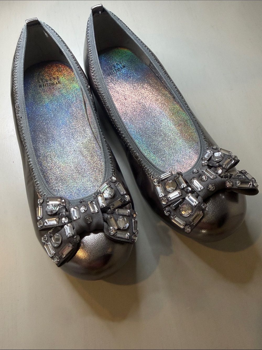 Stuart Weitzman Metallic Silver Jeweled Girl Bow Ballet Flats (Never worn)